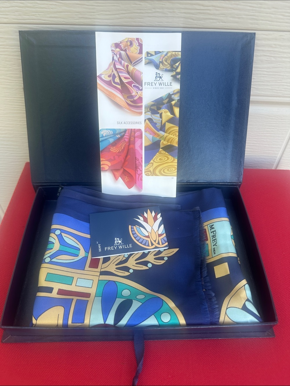 NIB Frey Willie Egypt Luxury lined silk scarf in box 58in long 12 in wide